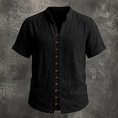 cheap Classic-Men Linen Shirt Summer Shirt Beach Wear Button Up Shirt Plain Casual Vacation Black White Pink Sky Blue Short Sleeve Stand Collar Spring &amp; Summer Summer Clothing Apparel Buttons