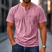 cheap Casual Henley Tee-Men's Henley Shirt 100% Cotton Acid Wash Shirt T shirt Tee Short Sleeve Plain Retro Vintage Casual Distressed Vintage Style Washed Henley Casual Spring &amp; Summer Summer Spring Black Light Green Pink