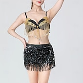 preiswerte Bauchtanzkleidung-glitzerndes Königsblau für Damen &amp;Goldenes Bauchtanzkostüm-Set – Pailletten-BH-Top und Fransenrock – Performance-Outfit für Latin Samba und Rave