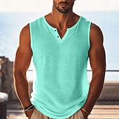 abordables Débardeurs-Homme Débardeur en lin T-shirt sans manches Chemise de batteur de femme Sans manches Col en V Henley Été Uni Mode Basique Bohème Mince Flexible Occasionnel Plage Vacances Noir Violet Vert T-shirt