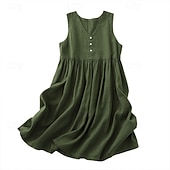 رخيصةأون فساتين-نسائي فستان ميدي 100% Cotton عتيق مناسب للبس اليومي فضفاض صالح سهل بدون كم V رقبة هيذر أخضر عسكري الصيف الربيع