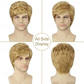 preiswerte Herrenperücken-Kurze, blonde, gestufte Herrenperücke mit natürlichen Wellen, hitzebeständig, aus Synthetik – ideal für Männer, lustige Perücken für Alltag, Partys, Kostüme, Cosplay und Halloween.