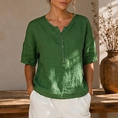 abordables Blusas Sencillas-Mujer Camisa Botones Color sólido Vintage Manga 3/4 Cuello Barco Casual Blanco Amarillo Verde Trébol Verano Primavera