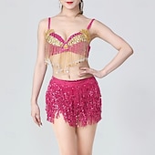 preiswerte Bauchtanzkleidung-glitzerndes Königsblau für Damen &amp;Goldenes Bauchtanzkostüm-Set – Pailletten-BH-Top und Fransenrock – Performance-Outfit für Latin Samba und Rave