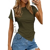  Mujer Camisa Blusa Frunce Color sólido Ropa de calle Diario Manga Corta Cuello Barco Tops cortos Casual Bleu Ciel Negro Blanco Rosa Marrón Verano Primavera