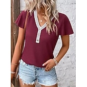  Mujer Camiseta Camiseta superior Encaje Retazos Color sólido Elegante Moda Estilo lindo Manga Corta Mangas anchas Escote en Pico Tops regulares Casual Negro Rosa Vino Azul Marino Marrón Verano