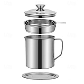  Coletor de gordura para bacon com cabo em aço inoxidável 304, com escorredor e tampa. &Bandeja antiderrapante, recipiente para gordura de cozinha com capacidade para 1,3 l/44 oz, filtro de malha fina