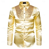cheap Men's Satin Shirts-Men's Shirt Satin Shirt Dress Shirt Casual Shirt Solid Color Outdoor Work Black White Red Navy Blue Long Sleeve Turndown Summer Spring Clothing Apparel Sequins