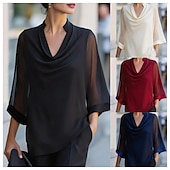 cheap Dressy Blouses-Women's Shirt Blouse Patchwork Solid Color Elegant Streetwear Daily 3/4 Length Sleeve V Neck Regular Tops Casual claret Black Navy Blue Apricot Summer Spring