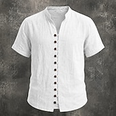 cheap Classic-Men Linen Shirt Summer Shirt Beach Wear Button Up Shirt Plain Casual Vacation Black White Pink Sky Blue Short Sleeve Stand Collar Spring &amp; Summer Summer Clothing Apparel Buttons