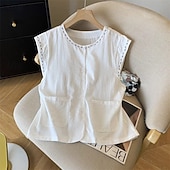 abordables Camisas-Mujer Chaleco de lino y algodón Camisa de verano Bordado Vintage Sin Mangas Cuello Barco Tops largos Casual Blanco Amarillo Azul Marino Verano Primavera