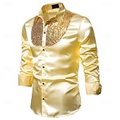 cheap Men's Satin Shirts-Men's Shirt Satin Shirt Dress Shirt Casual Shirt Solid Color Outdoor Work Black White Red Navy Blue Long Sleeve Turndown Summer Spring Clothing Apparel Sequins