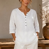 abordables Blusas Sencillas-Mujer Camisa Botones Color sólido Vintage Manga 3/4 Cuello Barco Casual Blanco Amarillo Verde Trébol Verano Primavera