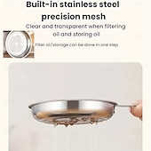  Coletor de gordura para bacon com cabo em aço inoxidável 304, com escorredor e tampa. &Bandeja antiderrapante, recipiente para gordura de cozinha com capacidade para 1,3 l/44 oz, filtro de malha fina