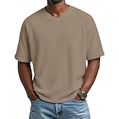 economico T-shirt in maglia waffle-Per uomo Maglietta Waffle Maglietta Manica Corta Scollo a V Estate Tinta unica Moda Designer Casual Manica corta Casuale Quotidiano All'aperto Blu chiaro Nero Bianco Maglietta Top per Uomo