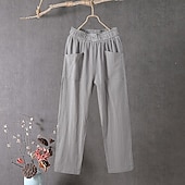  Mulheres Calças de linho de algodão Calças Calça verão Calças largas Sólido Clássico Mimolet Cintura Média Bolsos Folgado Design de cordão elástico Conforto Respirabilidade Macio Micro-Elástica