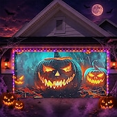  Décoration de porte de garage d'Halloween avec guirlande lumineuse, bannière citrouille maléfique et fond lumineux, tapisserie murale ou de clôture extérieure effrayante