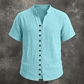 cheap Classic-Men Linen Shirt Summer Shirt Beach Wear Button Up Shirt Plain Casual Vacation Black White Pink Sky Blue Short Sleeve Stand Collar Spring &amp; Summer Summer Clothing Apparel Buttons