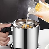  Coletor de gordura para bacon com cabo em aço inoxidável 304, com escorredor e tampa. &Bandeja antiderrapante, recipiente para gordura de cozinha com capacidade para 1,3 l/44 oz, filtro de malha fina