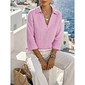  Per donna Cotone lavato Camicia di lino Testurizzato Vintage Manica 3/4 Colletto a Camicia Bianco Nero Rosa Primavera, Autunno, Inverno, Estate