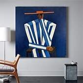 abordables Pinturas de personas-Handmade Oil Painting Canvas Wall Art Decoration Suburban Style Blue and White Figures for Home Decor Rolled Frameless Unstretched Painting