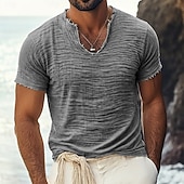 cheap Cotton Linen T-shirts-Men's T Shirt Linen T-Shirt Short Sleeve V Neck Summer Spring Solid Color Plain Textured Vacation Vintage Sports Raw Edge Distressed Casual Home Outdoor White Black Wine Top Tee for Men