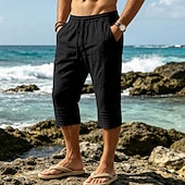 cheap Holiday-Men's Capri shorts Linen Pants Summer Pants Beach Pants Drawstring Pocket Elastic Drawstring Waist Solid Color Comfort Breathable Calf-Length Daily Outdoor Beach Vacation Fashion White Khaki Inelastic