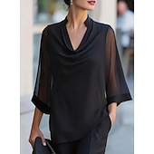 cheap Dressy Blouses-Women's Shirt Blouse Patchwork Solid Color Elegant Streetwear Daily 3/4 Length Sleeve V Neck Regular Tops Casual claret Black Navy Blue Apricot Summer Spring