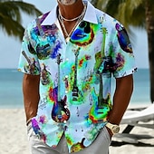 cheap Music and Guitars-Men's Guitar Musical Instrument Shirt Summer Shirt Button Up Shirt Short Sleeve Vintage Retro Outdoor Beach Vacation Wear Summer Spring Turndown 3D Print Button Up Shirts Blue Yellow Purple Green