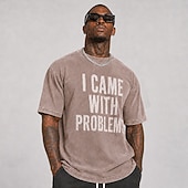  Camiseta masculina "I came with problems" 100% algodão, lavagem ácida, tecido pesado, manga curta, estampa DTG, gola redonda, moda casual, para o dia a dia, férias, nas cores azul, preta e vermelha,