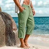 cheap Holiday-Men's Capri shorts Linen Pants Summer Shorts Baggy Pants Front Pocket Straight Leg Cargo Pocket Plain Comfort Breathable Calf-Length Casual Daily Outdoor Vacation Fashion White Khaki Inelastic