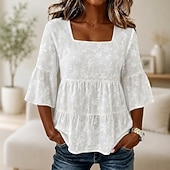  Mulheres Tops de renda Franzido Jacquard Textura Elegante Manga 3/4 Decote Quadrado Casual Branco Verão Primavera