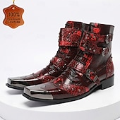 cheap Premium Leather Boots-Men's Red Western Biker Boots – Exotic Buckle Ankle Boots, Vintage Cowboy Footwear for Motorcycle Riding, Concerts, Music Festivals and Nightlife