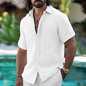 cheap Vacation-Men's Shirt Linen Shirt Summer Shirt Beach Wear Button Up Shirt Color Block Vacation Holiday White Black Sky Blue Green Short Sleeves Shirt Collar Summer Spring Clothing Apparel