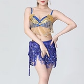 preiswerte Bauchtanzkleidung-glitzerndes Königsblau für Damen &amp;Goldenes Bauchtanzkostüm-Set – Pailletten-BH-Top und Fransenrock – Performance-Outfit für Latin Samba und Rave