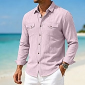 abordables Vacances-Hommes Chemise Chemise en lin Chemise d'été Tenue de plage Chemise Boutonnée Uni Occasionnel Quotidien Bleu Rose Claire bleu marine Bleu de minuit manche longue Col Printemps &amp; Été Été Vêtement Tenue