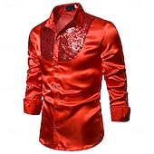 cheap Men's Satin Shirts-Men's Shirt Satin Shirt Dress Shirt Casual Shirt Solid Color Outdoor Work Black White Red Navy Blue Long Sleeve Turndown Summer Spring Clothing Apparel Sequins