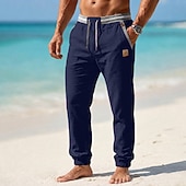 cheap Holiday-Men's Linen Pants Summer Pants Beach Pants Drawstring Elastic Cuff Plain Comfortable Breathable Full Length Casual Daily Beach Vacation Fashion Khaki Black Inelastic