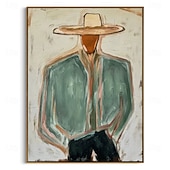 cheap Cowboys-Hand Painted Minimalist Cowboy Oil Painting Western Portrait Man Wall Art Sage Green Figure Canvas for Dad Ranch Decor