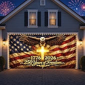  Garagentorabdeckung zum 250. Jahrestag der USA mit Lichterkette, Fotohintergrund mit Adlermotiv zum 4. Juli, USA-Banner (1776–2026) für patriotische Dekoration zum Unabhängigkeitstag