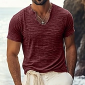cheap Cotton Linen T-shirts-Men's T Shirt Linen T-Shirt Short Sleeve V Neck Summer Spring Solid Color Plain Textured Vacation Vintage Sports Raw Edge Distressed Casual Home Outdoor White Black Wine Top Tee for Men