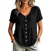 voordelige Effen Blouses-Dames Overhemd Blouse Lapwerk Knop Effen Kleur Elegant Casual Korte mouw Strakke ronde hals Normale tops Casual geel groen Zwart Wit Wijn Lichtgrijs Lente