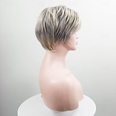 economico parrucca più vecchia-Parrucca corta biondo cenere con taglio pixie e radici scure - capelli sintetici testurizzati a strati per donna, parrucca affusolata e di tendenza per l'uso quotidiano.