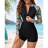 abordables Rash Guards Une Pièce-Femmes Maillot Anti UV Maillot de bain Maillot de bain 1 pièce Tropical Zip Up Protection UV Élastique manche longue Maillot de Bain Maillot de bain Surf Plongée Natation Été