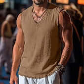 abordables Tank Tops-Men's Linen Tank Top Sleeveless Shirt Sleeveless V Neck Spring &amp; Summer Summer Plain Fashion Designer Basic Soft Raw Edge Casual Beach Vacation Blue Black Red Top Tee for Men