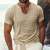 cheap Cotton Linen T-shirts-Men's T Shirt Linen T-Shirt Short Sleeve V Neck Summer Spring Solid Color Plain Textured Vacation Vintage Sports Raw Edge Distressed Casual Home Outdoor White Black Wine Top Tee for Men