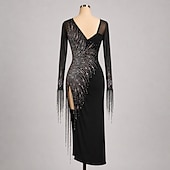 cheap Competition Dress-Women's Black Latin Dance Dress - Professional Salsa Samba Competition Gown - Vibrant Rhinestone &amp; Beaded Fringe Performance Wear - Sheer Mesh Sleeve Ballroom Outfit