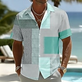 economico Geometrica-Per uomo Geometrico Plaid Color-blocking Camicia Camicia con Bottoni Manica Corta Moda Casual Quotidiano Vacanza al Mare Estate Primavera Collo ripiegato Stampa 3D Camicia tipo lino Blu Rosa Rosso