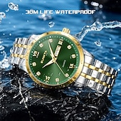 abordables Relojes de Cuarzo-Reloj de negocios de lujo para hombre Sunkta, esfera verde, correa de acero inoxidable bicolor, resistente al agua, movimiento de cuarzo con calendario de día y fecha, números romanos, marcadores de