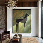 voordelige Schilderijen van dieren-Hand painted Modern Abstract Animal paintings Horse Art Original Surreal Horse Painting with Martini Glasses Olive Green Minimalist Black Animal Wall Art